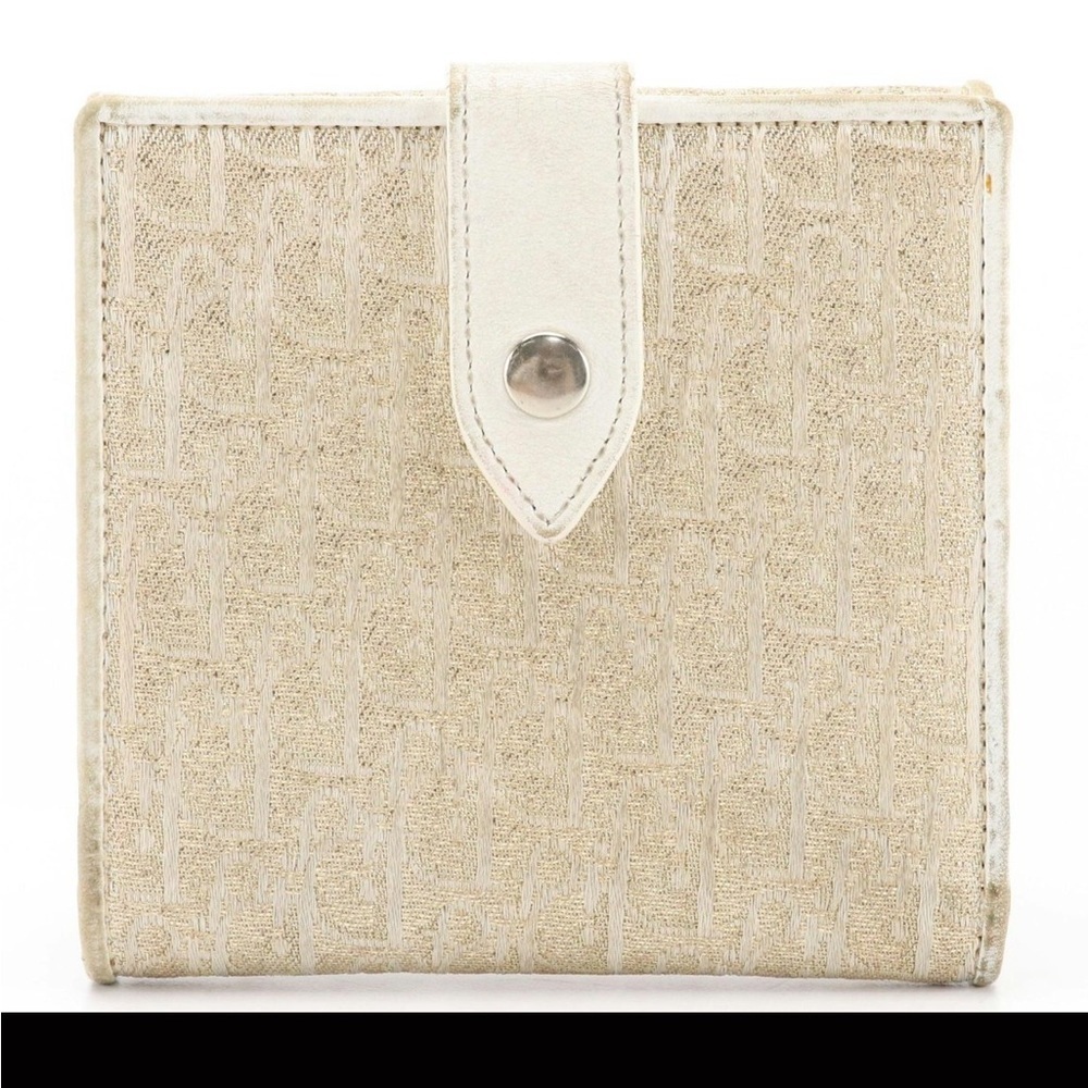 Christian Dior Metallic Gold Monogram Canvas White Leather Wallet Authentic